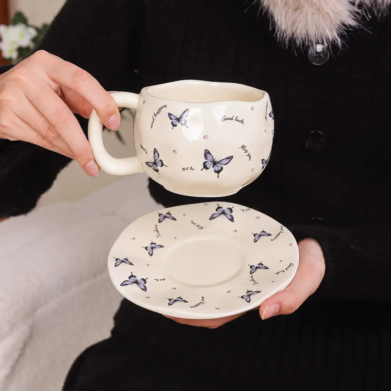 Butterfly Ceramic Coffee Mug with Matching Saucer
