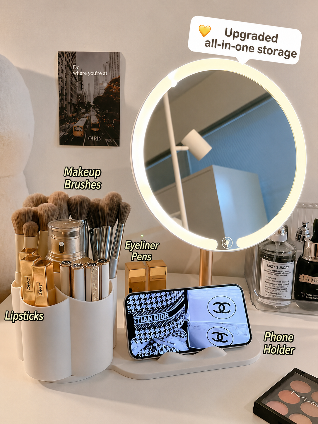 LED Vanity Makeup Mirror with Storage Organizer & Phone Holder Touch Control Desktop Mirror