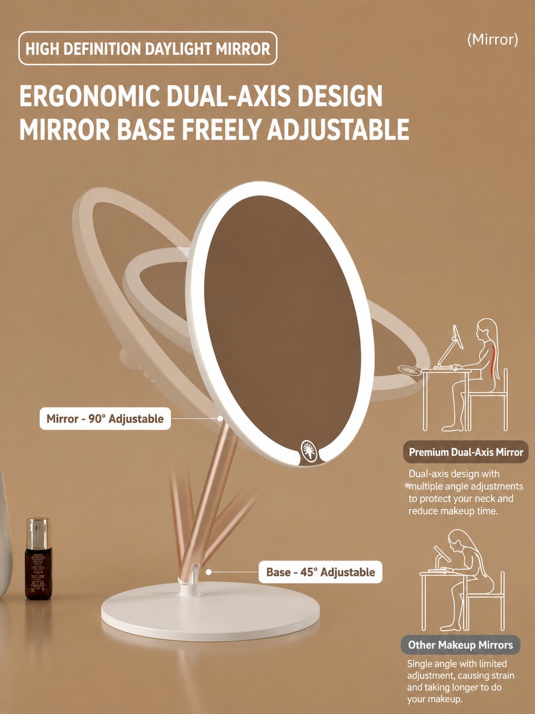 LED Makeup Mirror with Adjustable Stand 3 Color Light Vanity Mirror