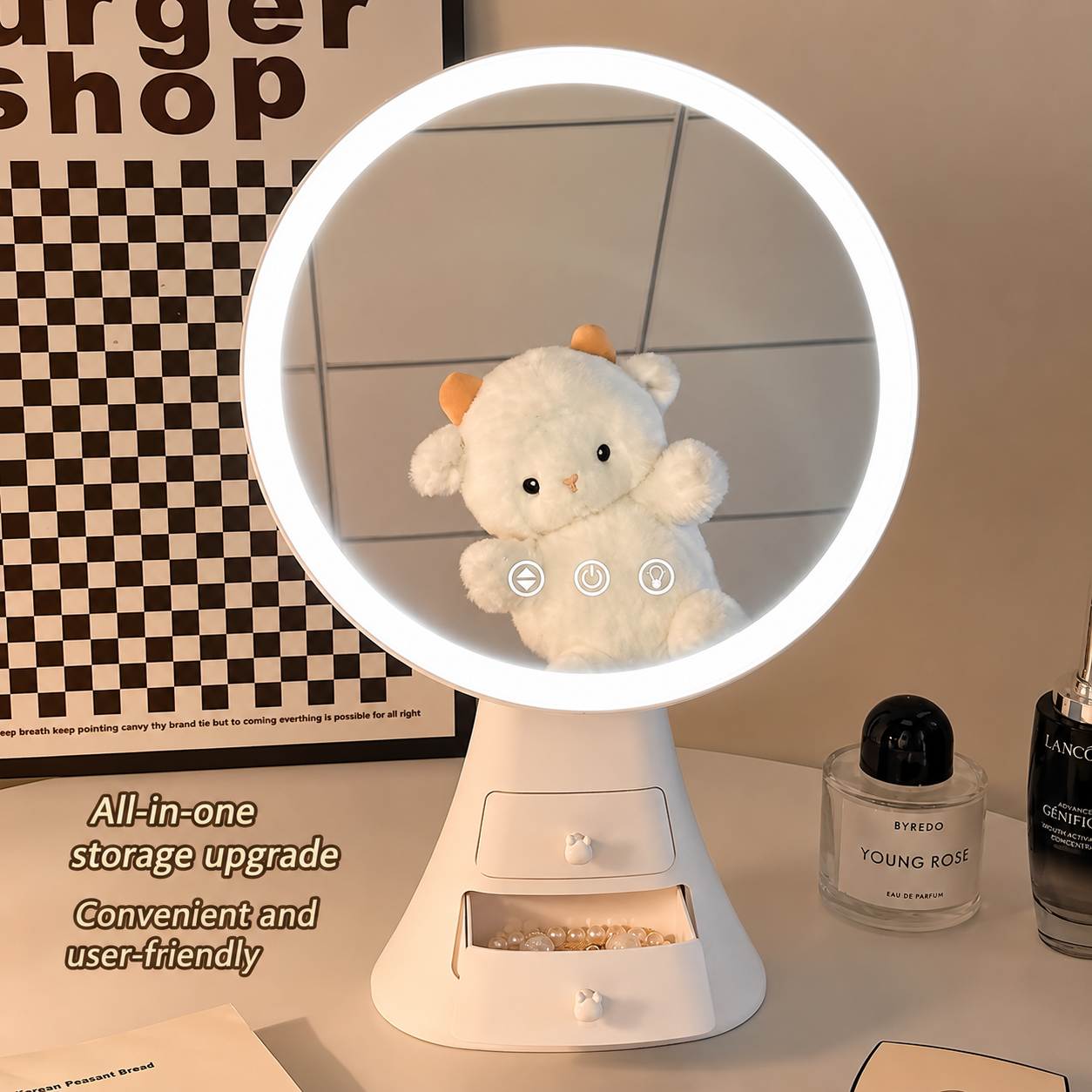 LED Touch Makeup Mirror with Storage Drawers Adjustable Vanity Mirror with LED Light