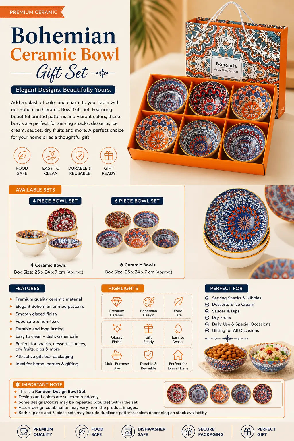 Bohemian Ceramic Bowl Set with Gift Box 4/6 Piece Random Pattern Bowls without Chopsticks