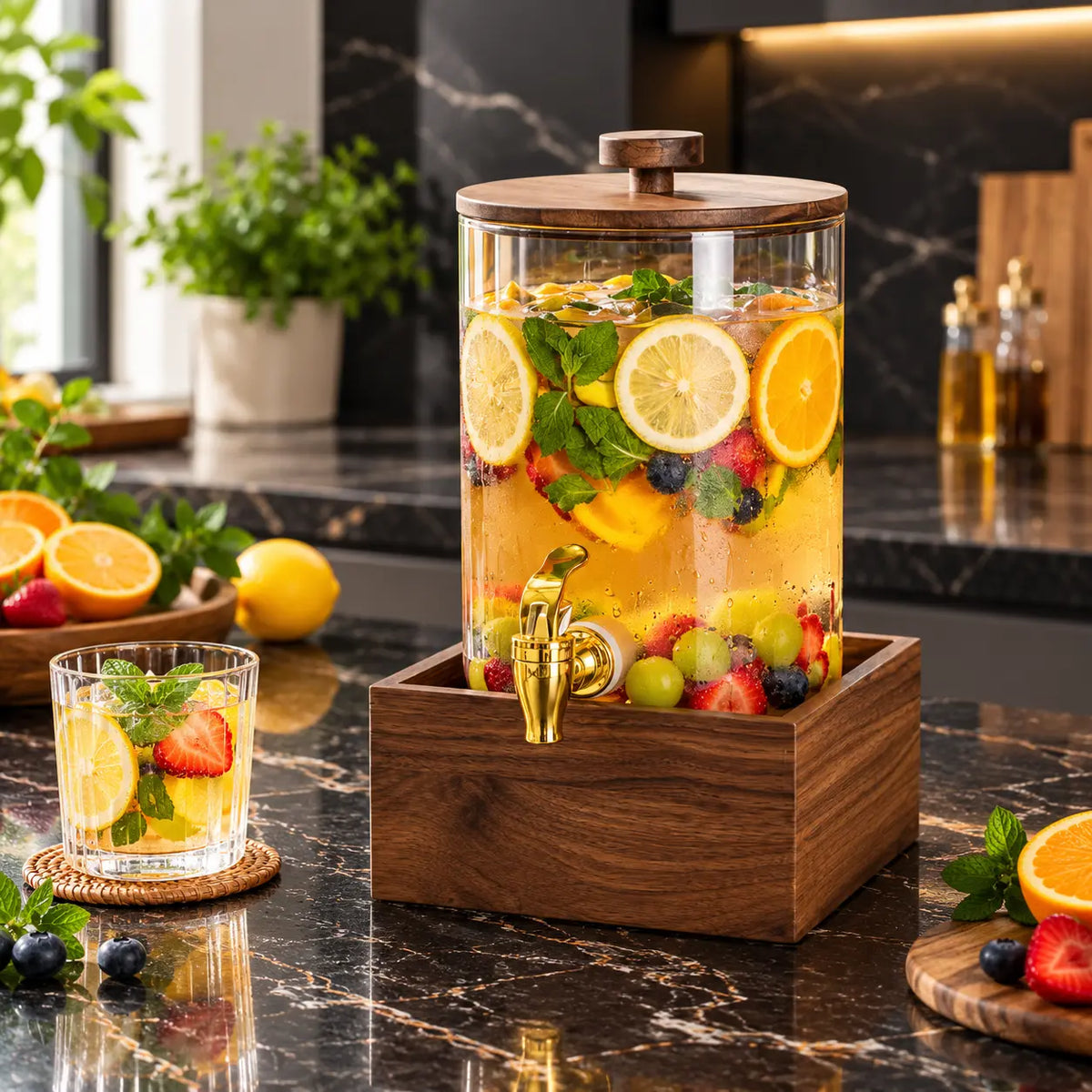 Luxury Glass Beverage Dispenser with Wooden Lid, Gold Tap & Wooden Stand 3.6L