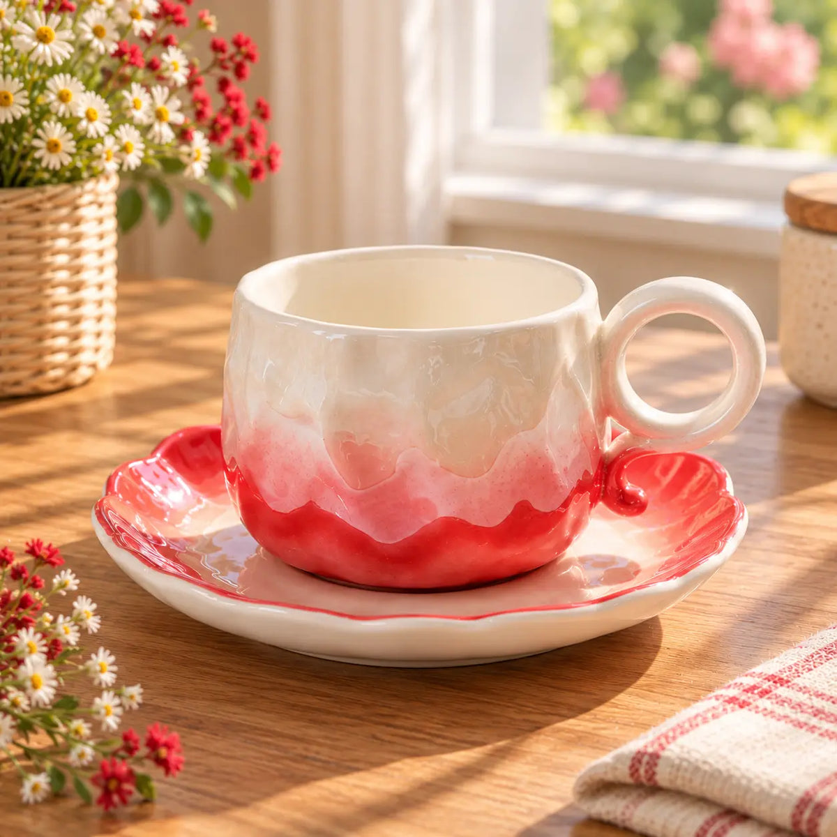 Pastel Ombre Ceramic Tea Cup with Flower Saucer Elegant Coffee Cup Set