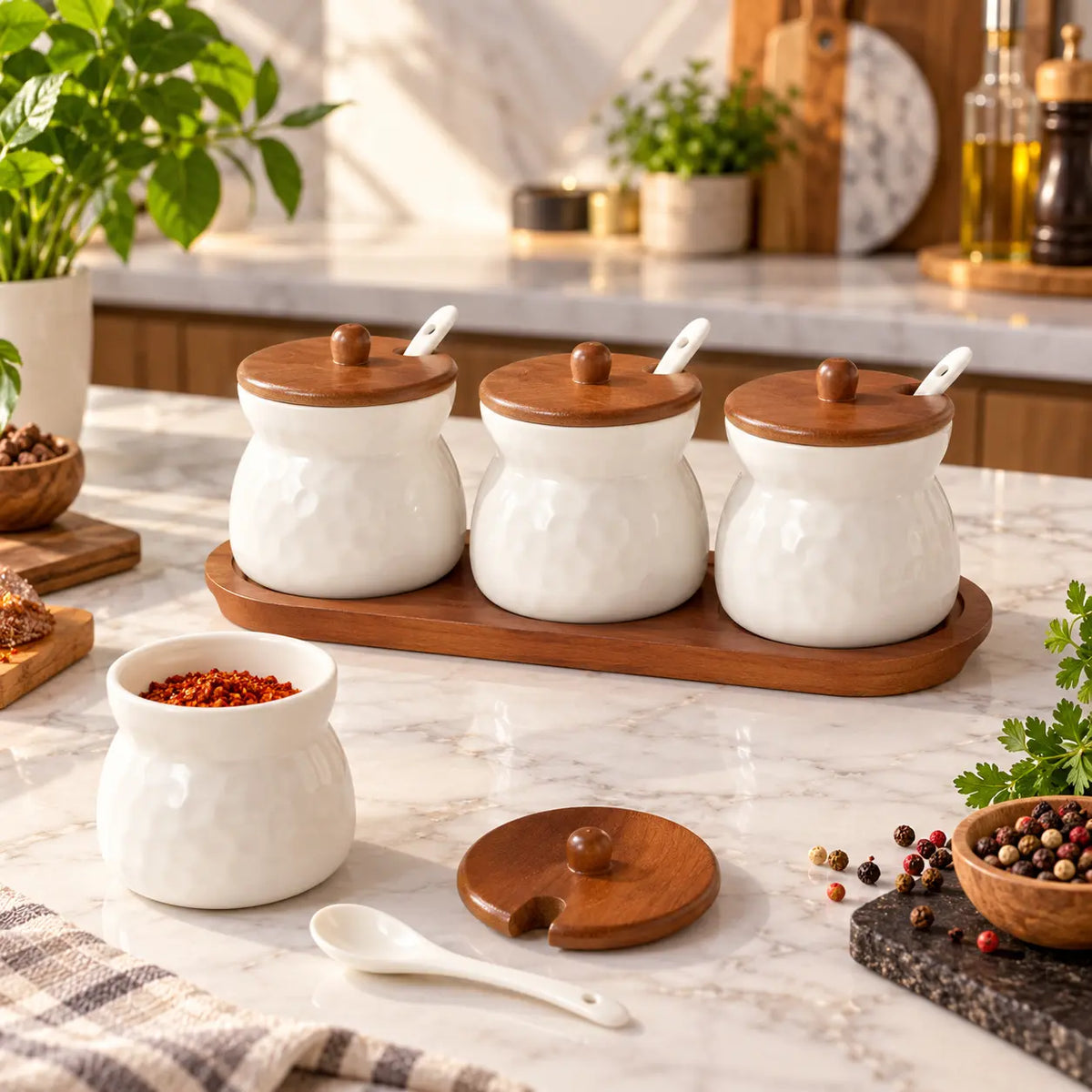 Premium 3-Piece Ceramic Spice Jar Set with Wooden Lids, Spoons & Wooden Tray