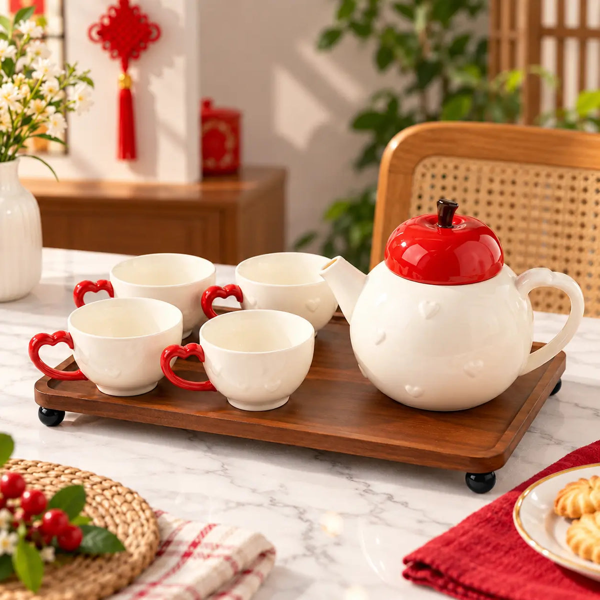 Luxury Apple Design Ceramic Tea Set with Heart Handle Cups & Wooden Serving Tray 6 Pieces Set