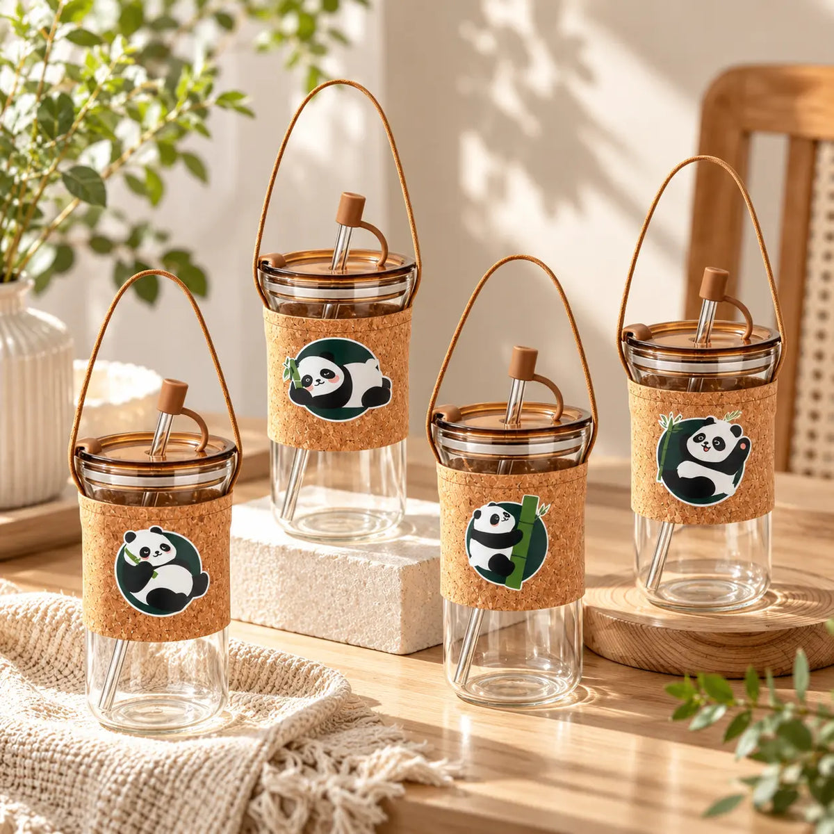Cute Panda Glass Tumbler with Cork Sleeve, Straw & Carry Strap