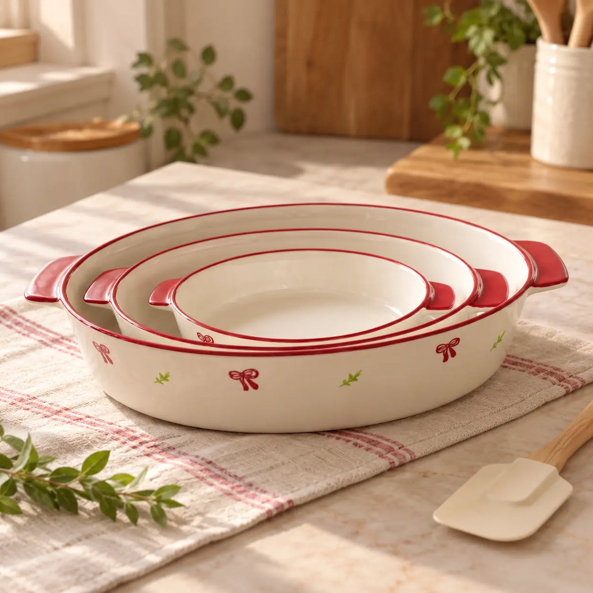 3pcs Vintage Red Bow Ceramic Baking & Serving Dish with Handles