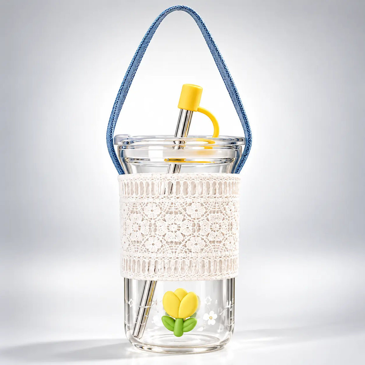 Pastel Tulip Glass Tumbler with Straw & Lace Sleeve