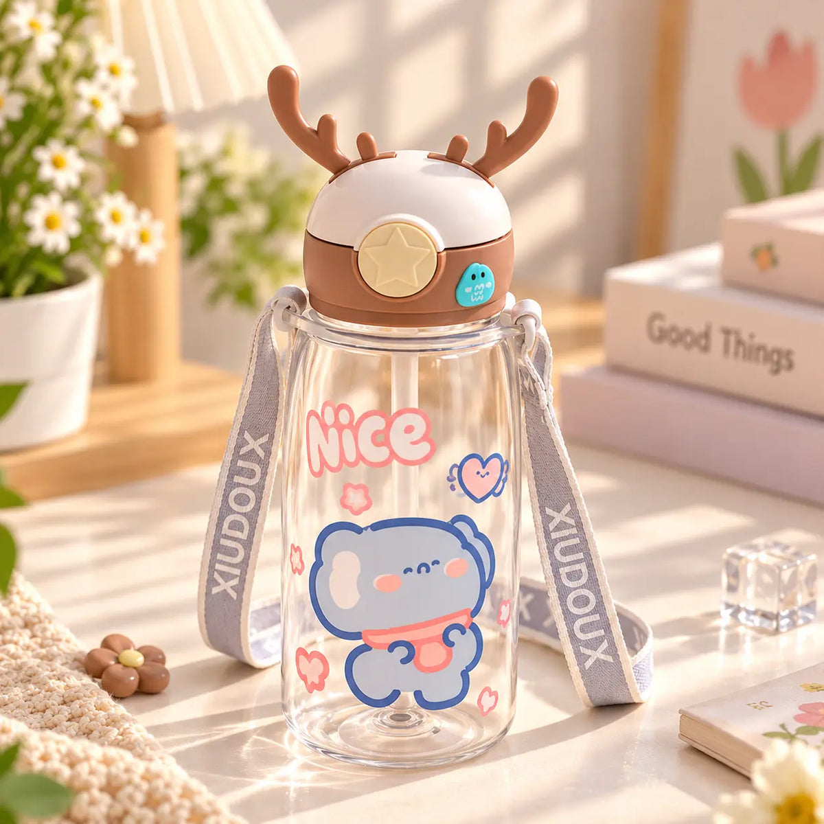 Cute Deer Antler Cartoon Water Bottle with Straw & Shoulder Strap