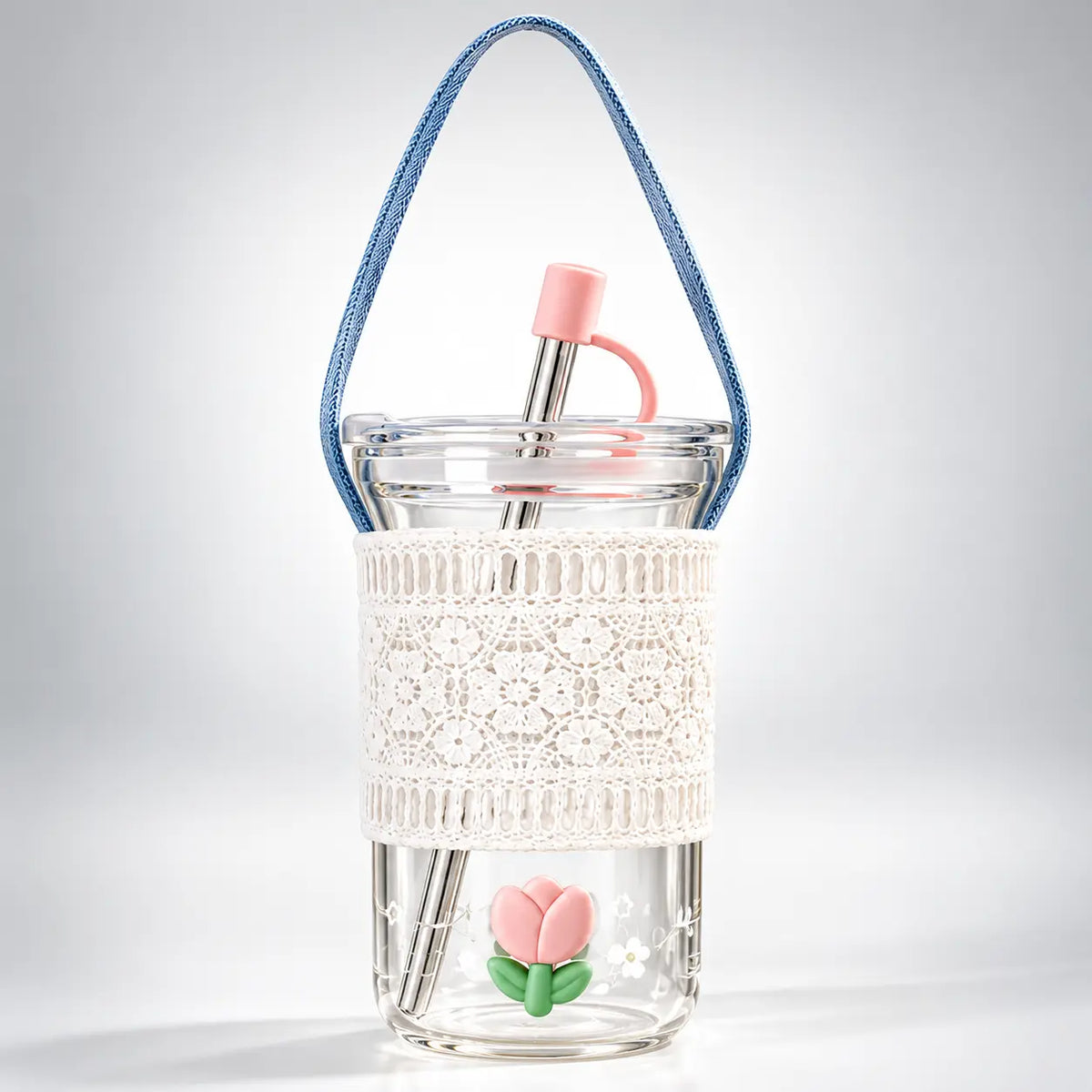 Pastel Tulip Glass Tumbler with Straw & Lace Sleeve