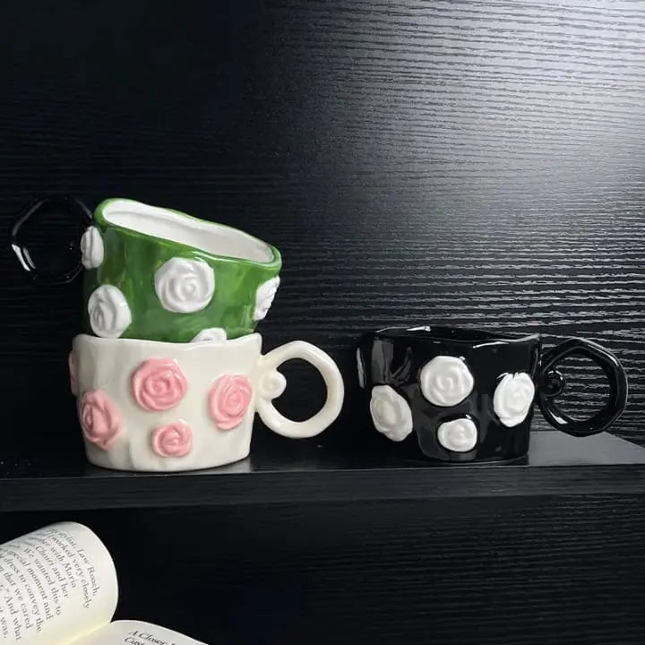 Sculpted Floral Rose Bloom Embossed Ceramic Mug Sparkels  Sparkels