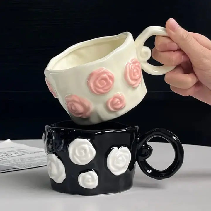 Sculpted Floral Rose Bloom Embossed Ceramic Mug Sparkels  Sparkels