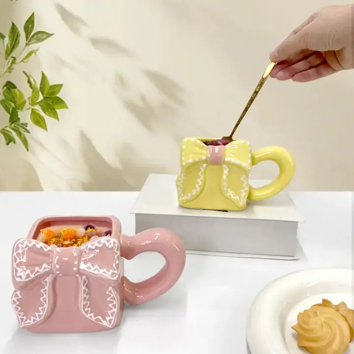 Square Bow Ceramic Mug Cute 3D Ribbon Coffee Cup Sparkels  Sparkels
