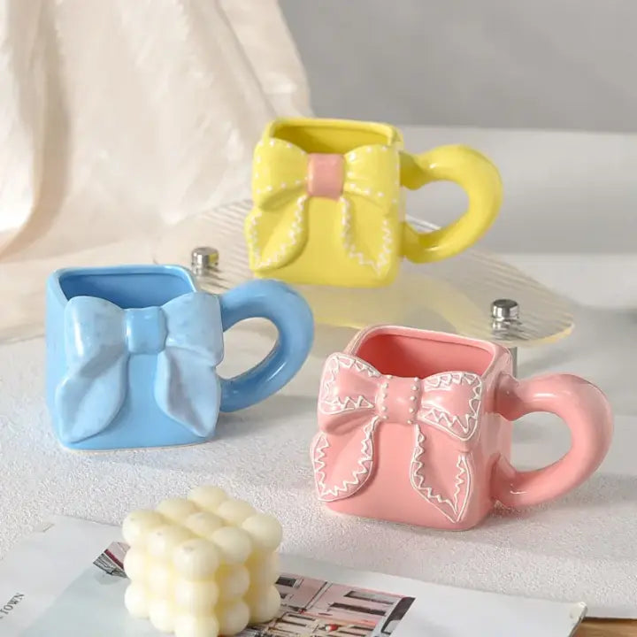 Square Bow Ceramic Mug Cute 3D Ribbon Coffee Cup Sparkels  Sparkels