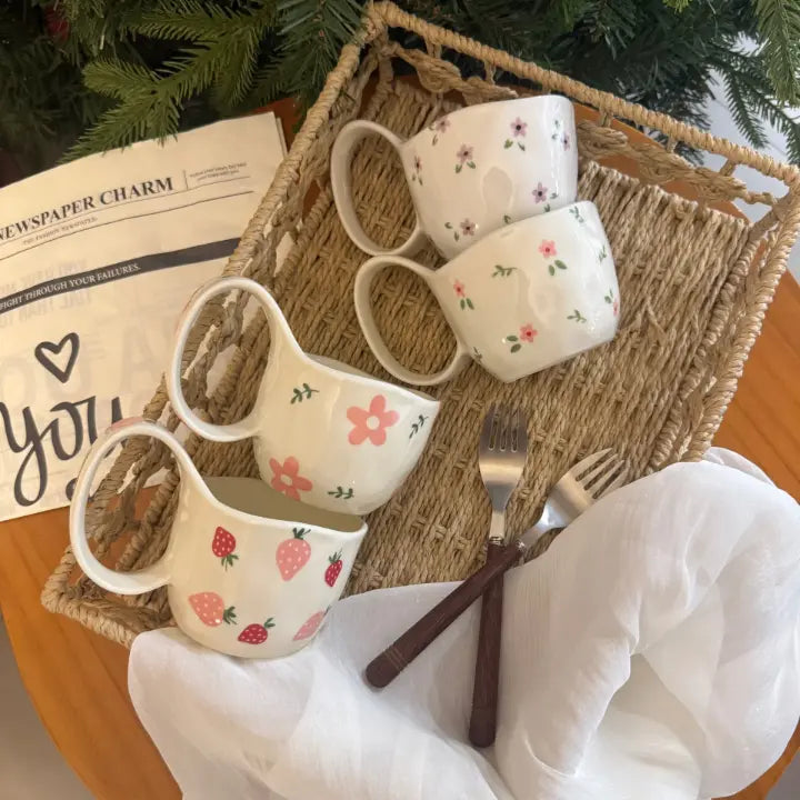 Floral & Strawberry Ceramic Mug & Plate Set Sparkels  Sparkels