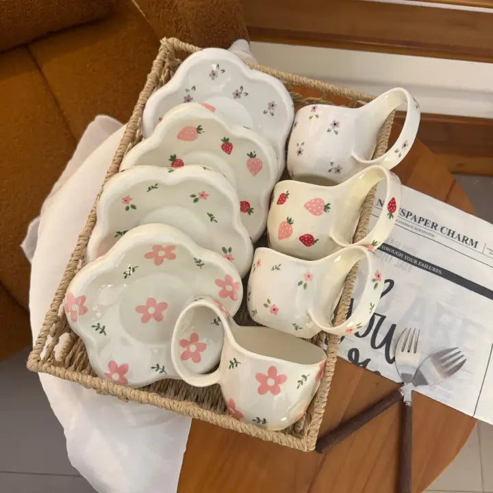 Floral & Strawberry Ceramic Mug & Plate Set Sparkels  Sparkels