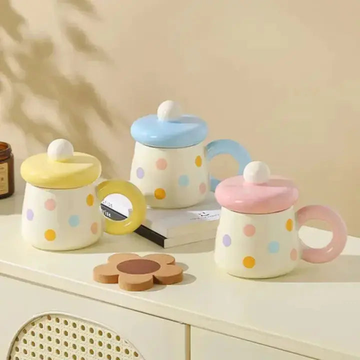Cute Pastel Polka Dot Ceramic Mug with Lid Sparkels  Sparkels