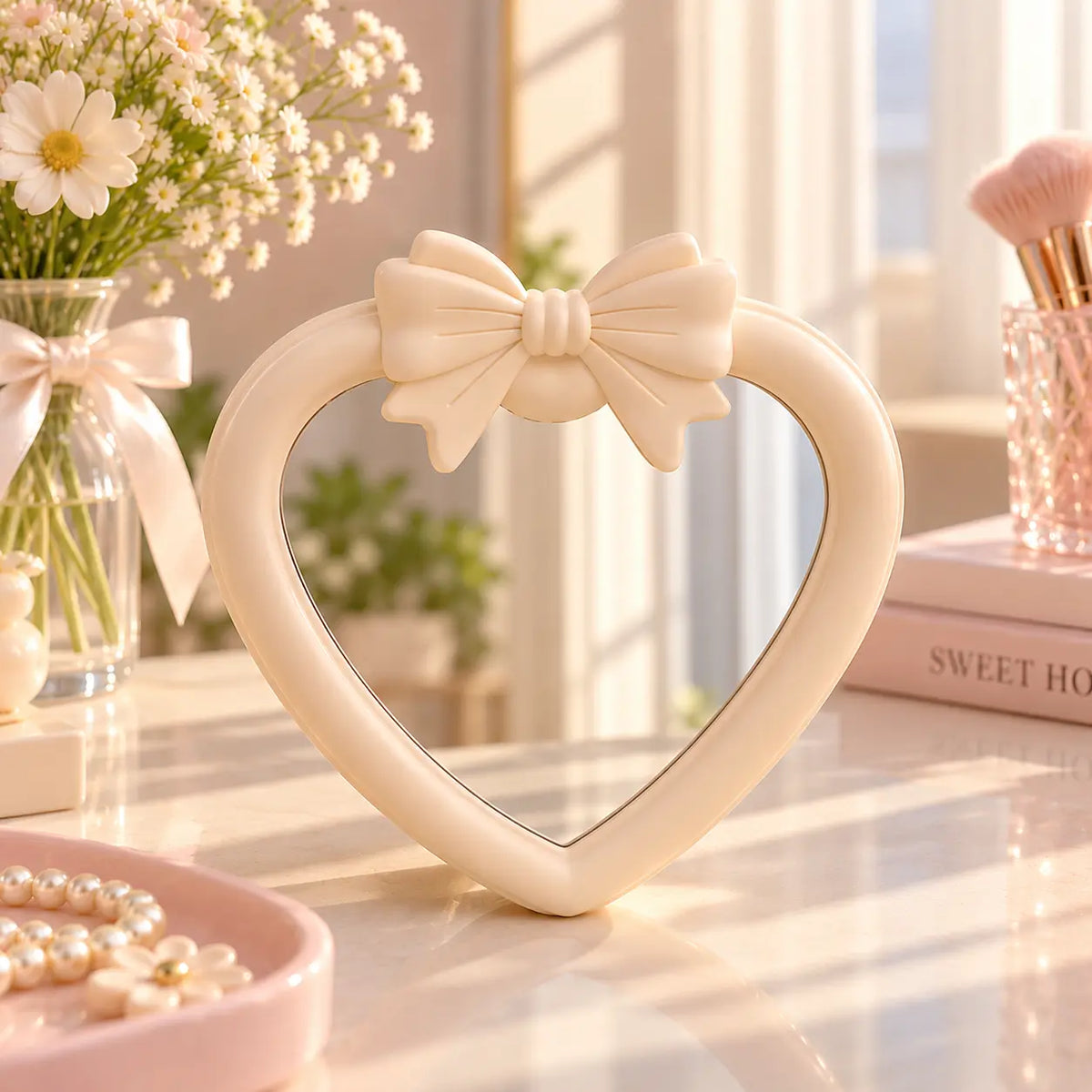 Cute Heart-Shaped Vanity Mirror with 3D Bow