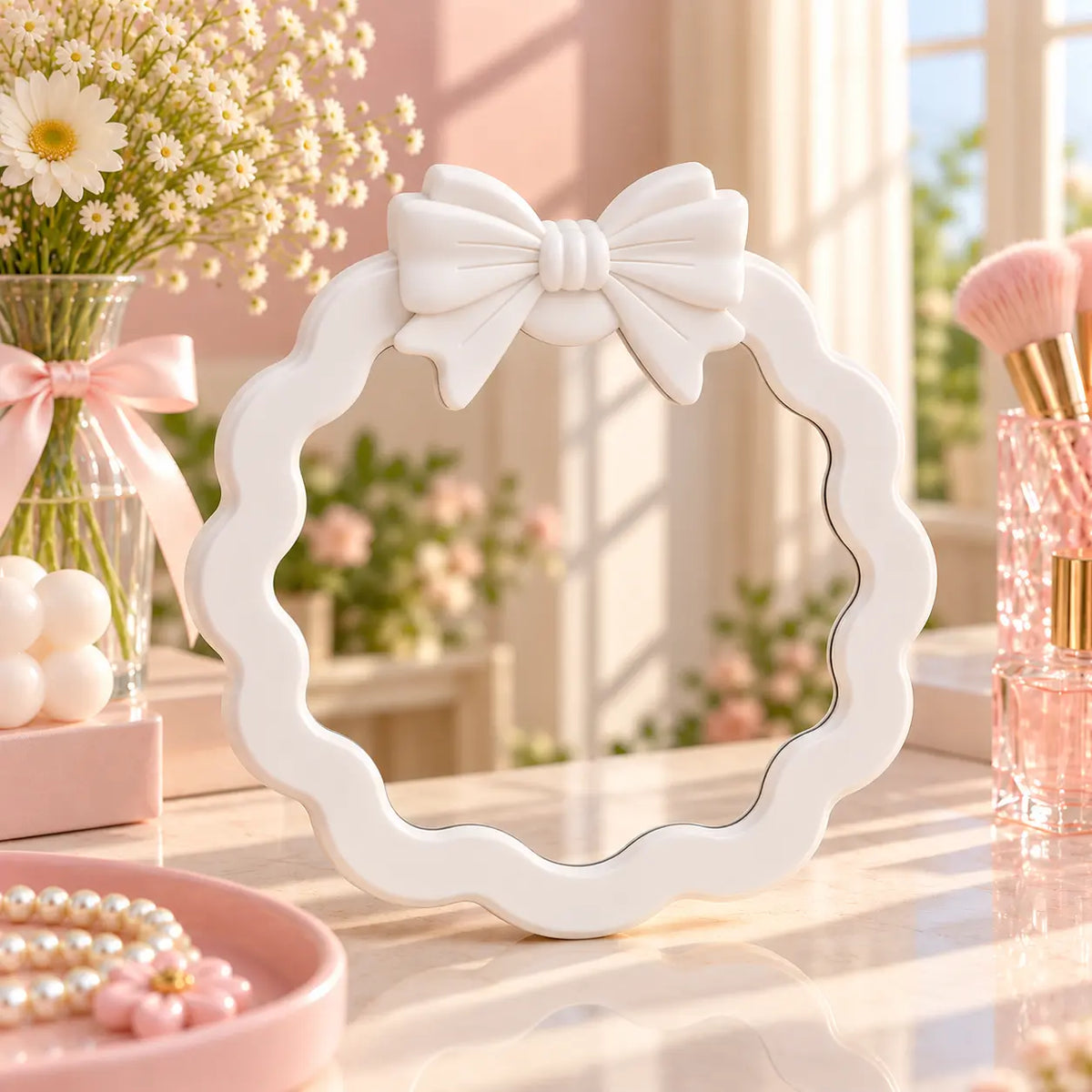 Cute Wavy Round Vanity Mirror with 3D Bow