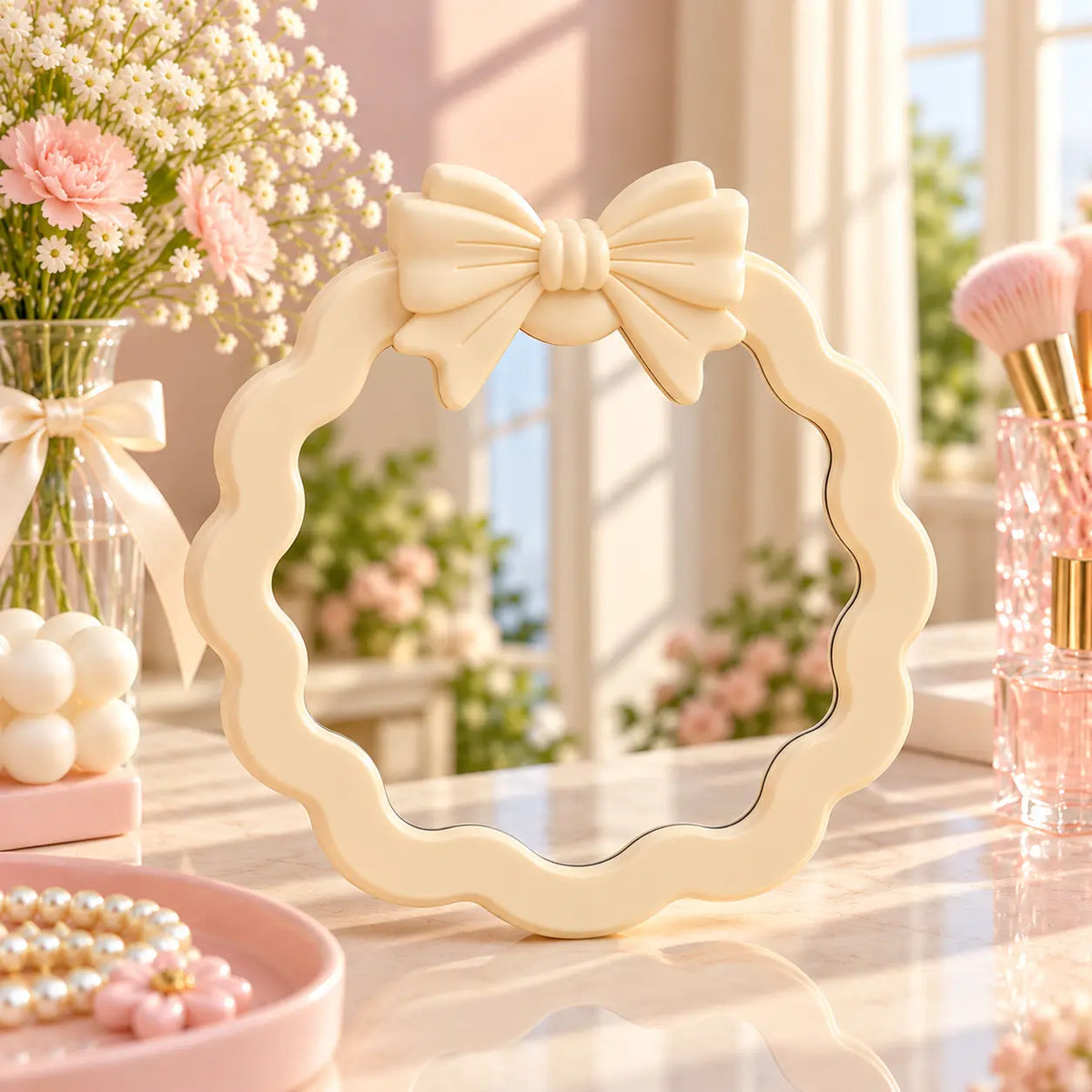 Cute Wavy Round Vanity Mirror with 3D Bow