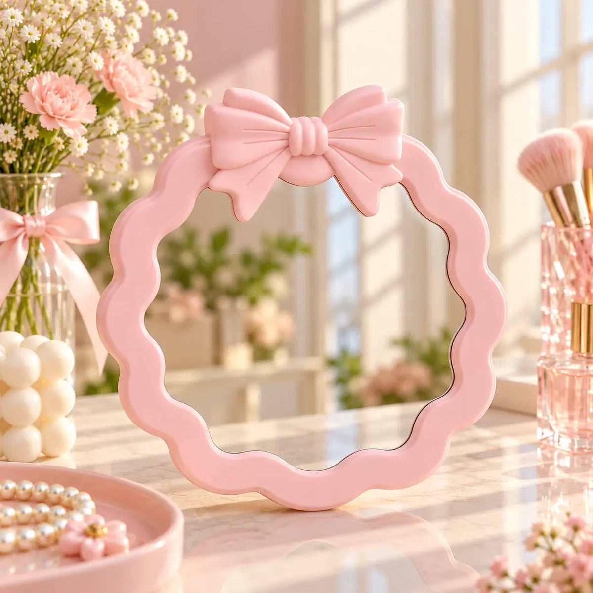Cute Wavy Round Vanity Mirror with 3D Bow