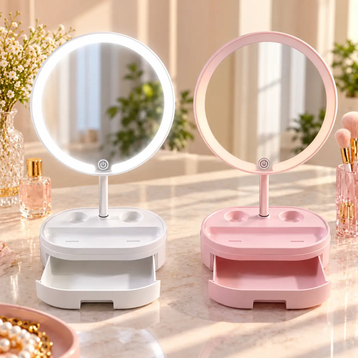LED Lighted Makeup Vanity Mirror with Storage Drawer & Organizer