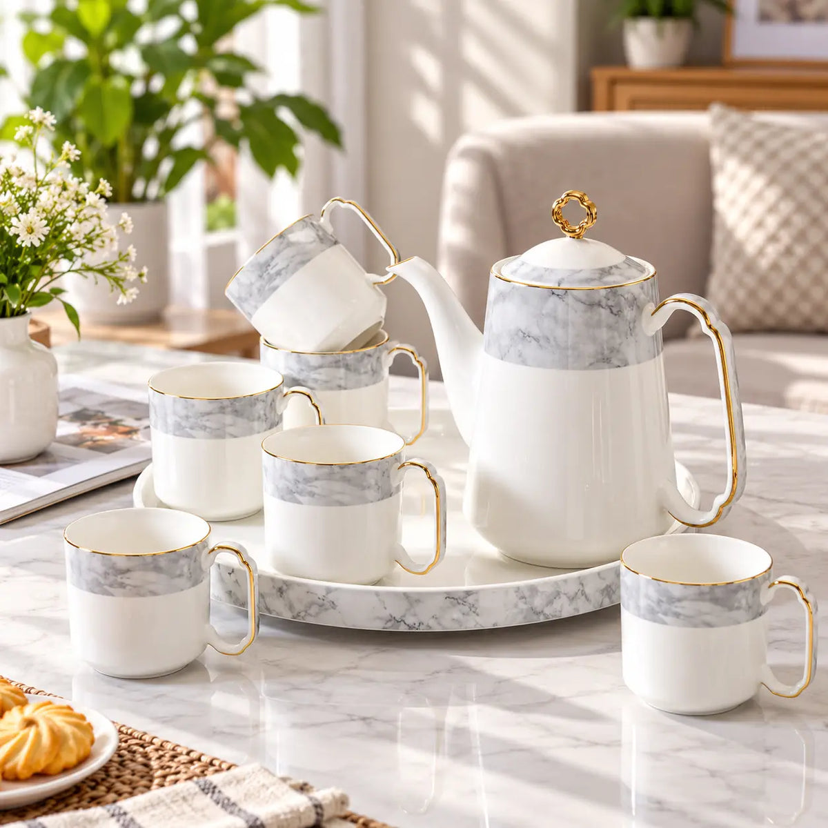 Luxury White & Grey Marble Ceramic Tea Set with Gold Detailing, 5 Cups & Serving Tray 7 Pcs