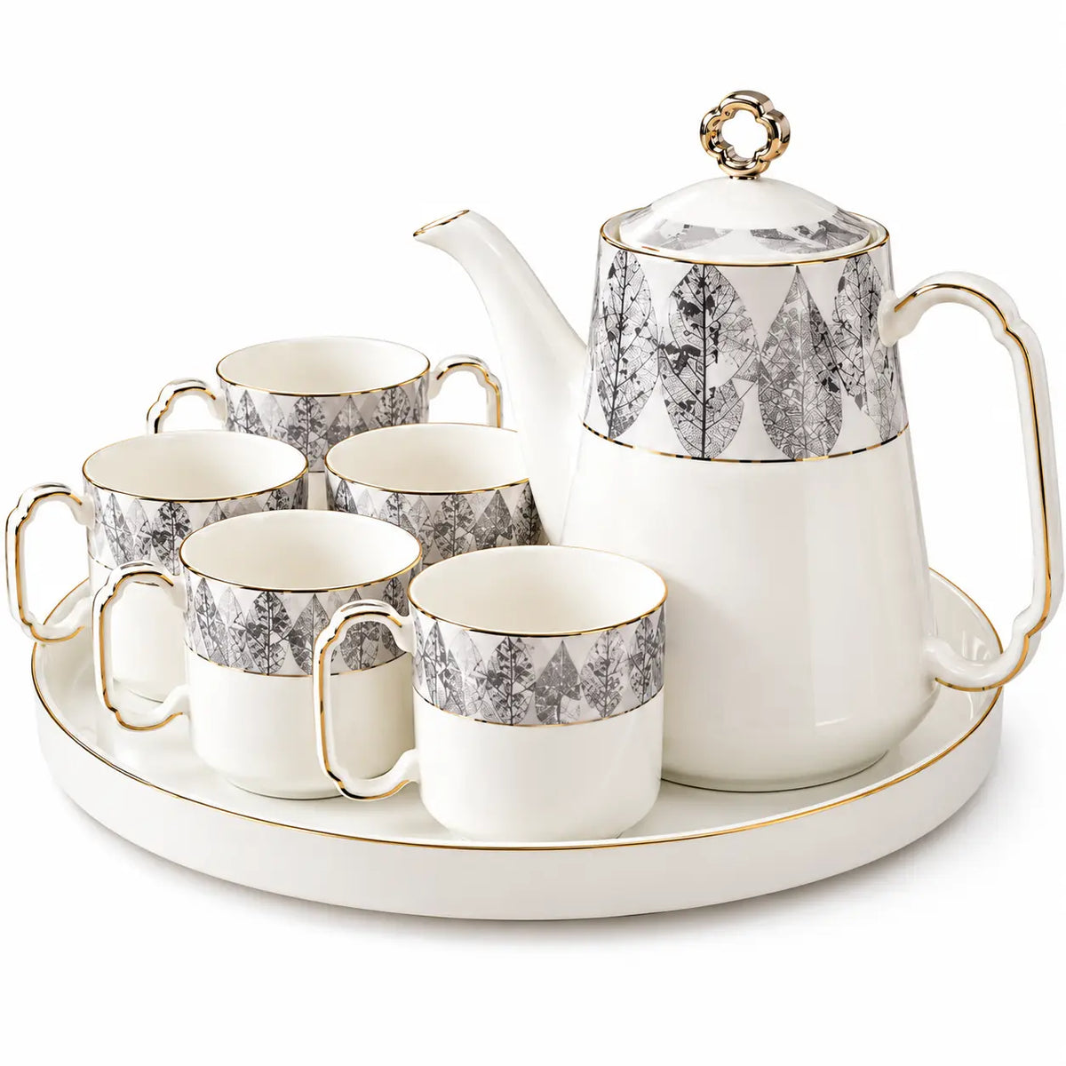 Luxury White & Silver Leaf Design Ceramic Tea Set with Cups & Serving Tray