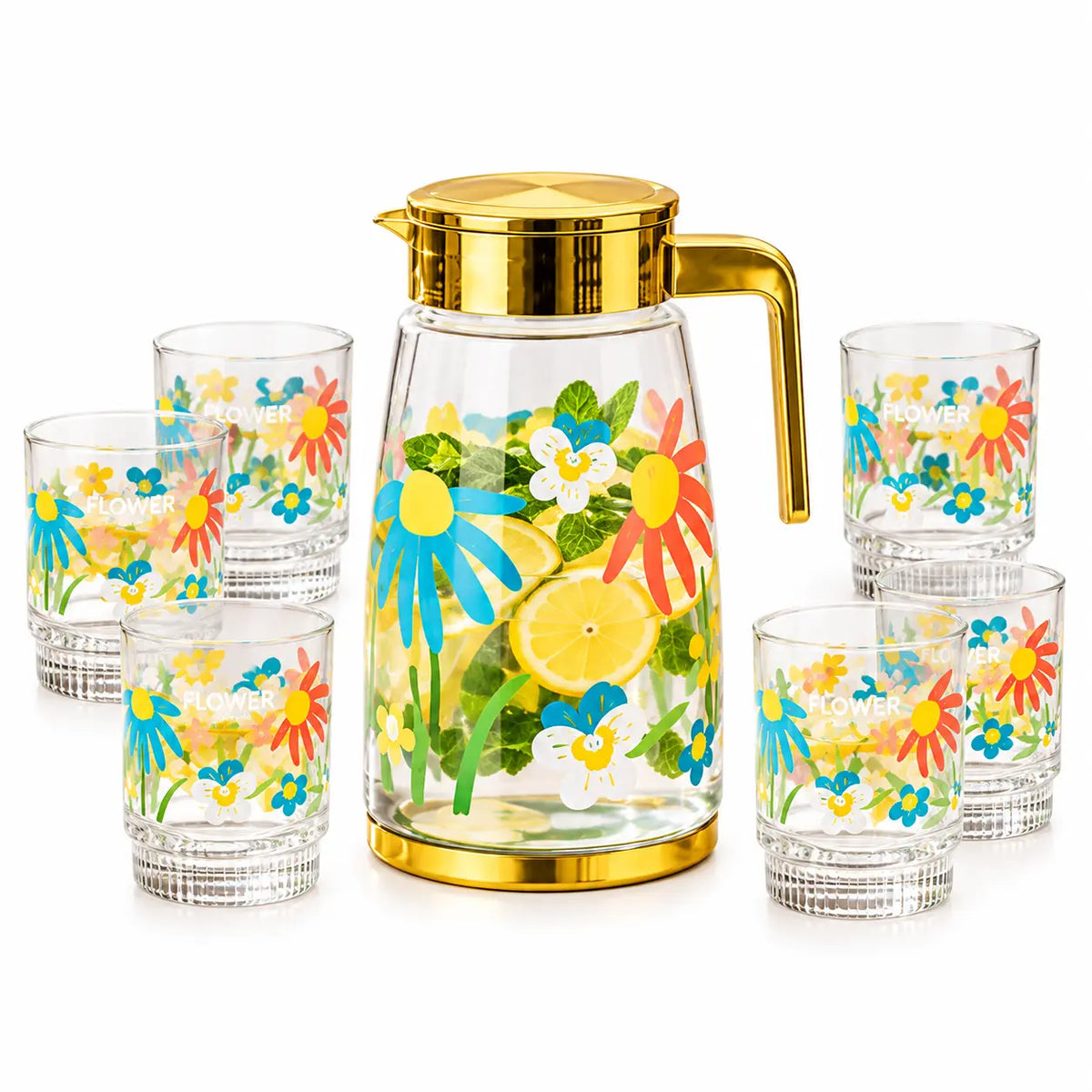 Colorful Floral Printed Glass Water Jug with Gold Lid & Handle 7 Pieces Set