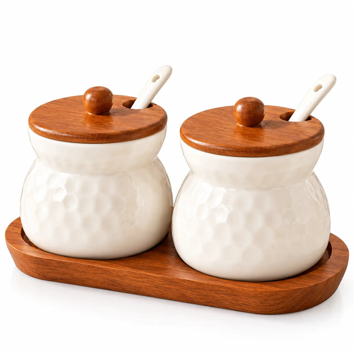 Premium 2-Piece Ceramic Spice Jar Set with Wooden Lids, Spoons & Tray