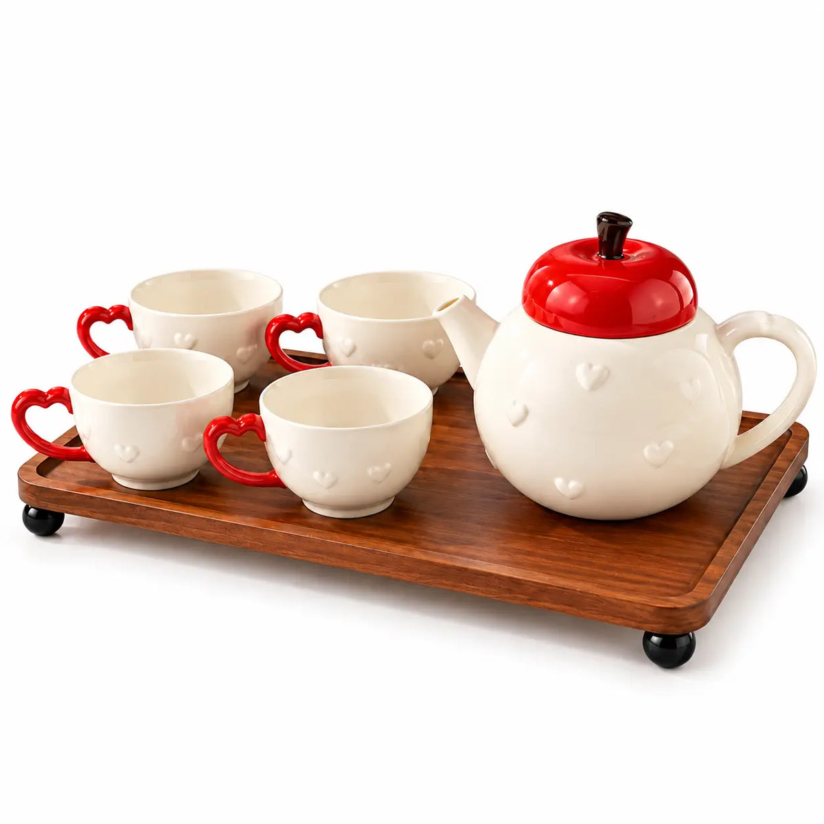 Luxury Apple Design Ceramic Tea Set with Heart Handle Cups & Wooden Serving Tray 6 Pieces Set