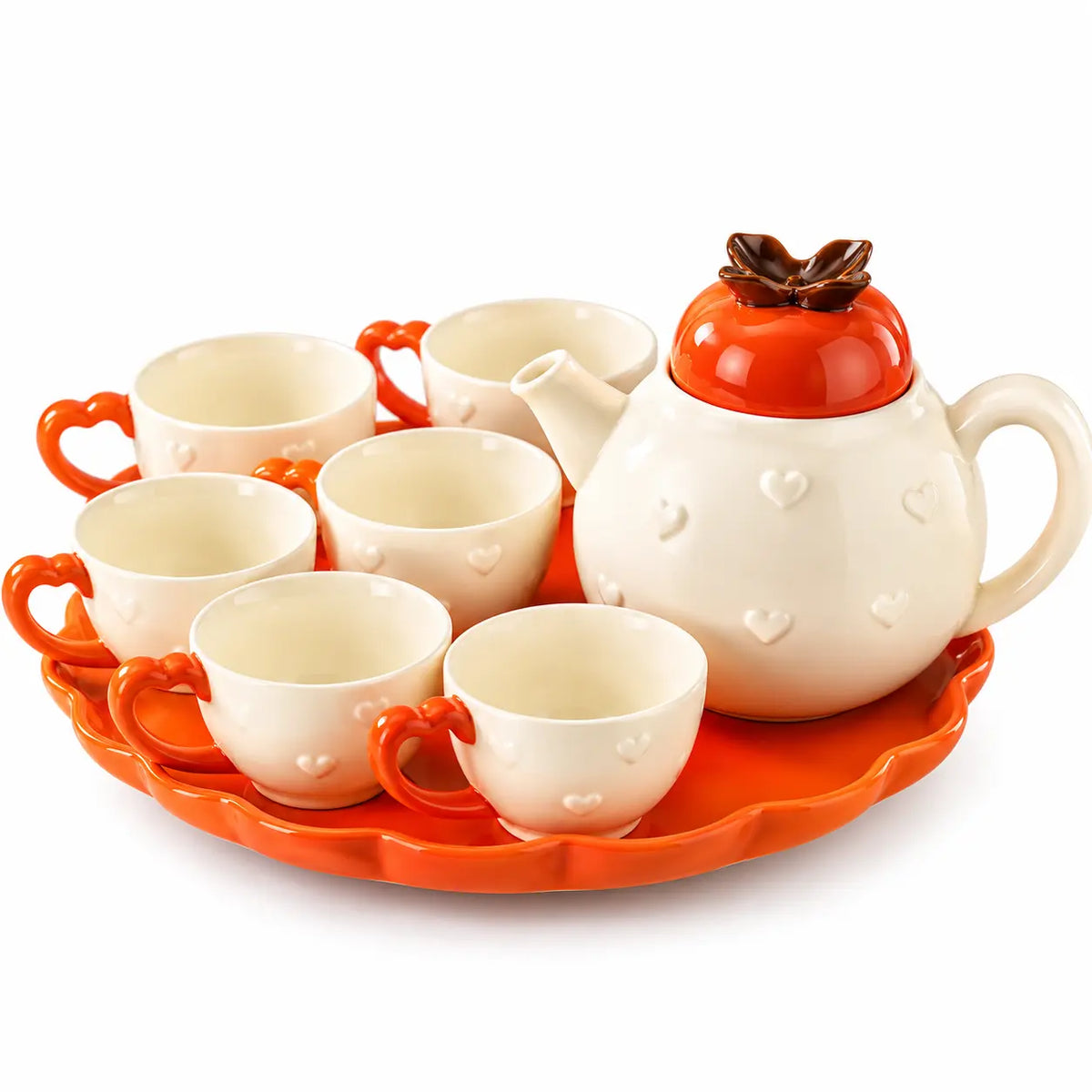 Luxury Orange Heart Design Ceramic Tea Set with 6 Cups & Matching Serving Tray 8 Pcs