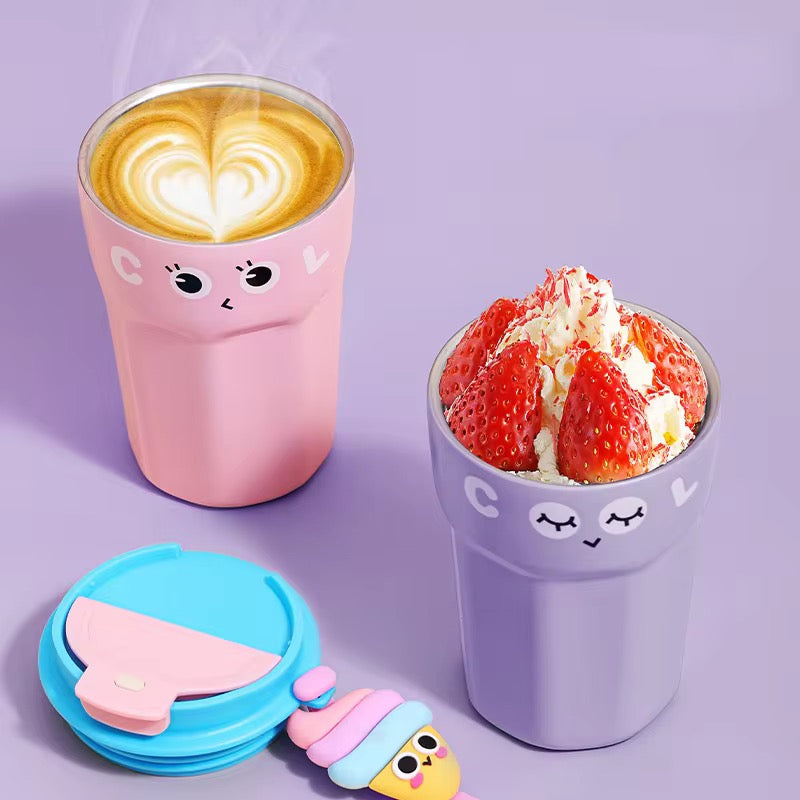 420ml Funny Coffee Cup Thermos Stainless Steel Double Layer Iced Coffee Mug Tumbler Leak-proof Water Bottle 