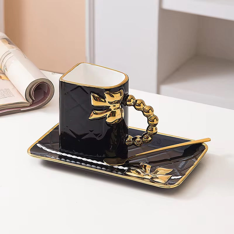 330ml Handbag Design Teacup and Saucer Elegant Ceramic Coffee Cup and Plate