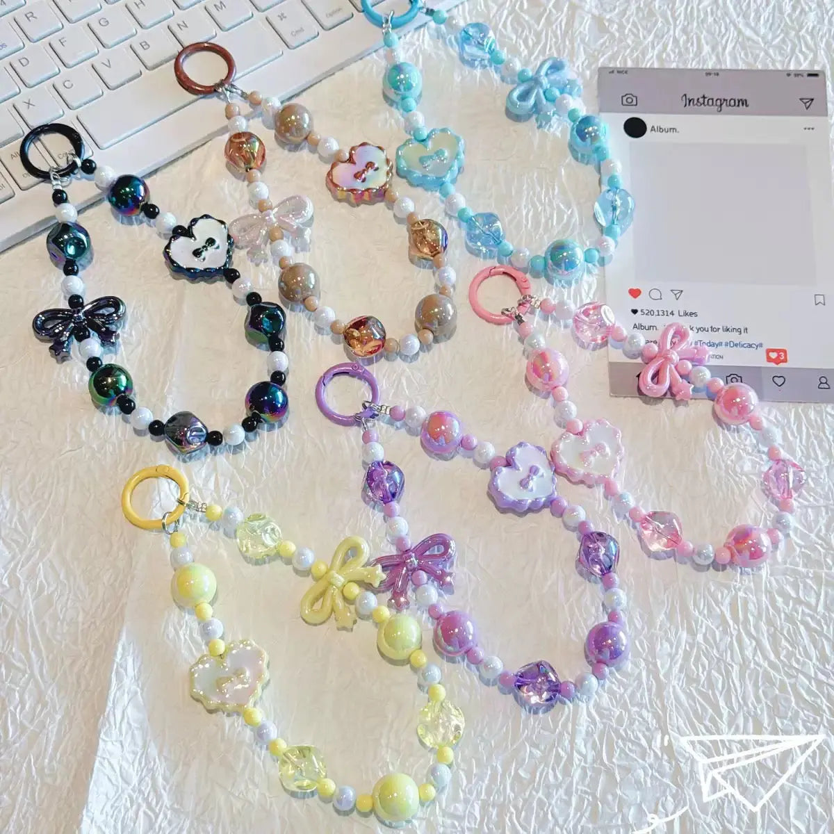 Kawaii Beaded Phone Wrist Strap with Bow & Heart Charms