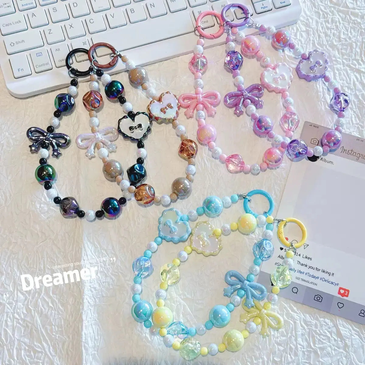 Kawaii Beaded Phone Wrist Strap with Bow & Heart Charms