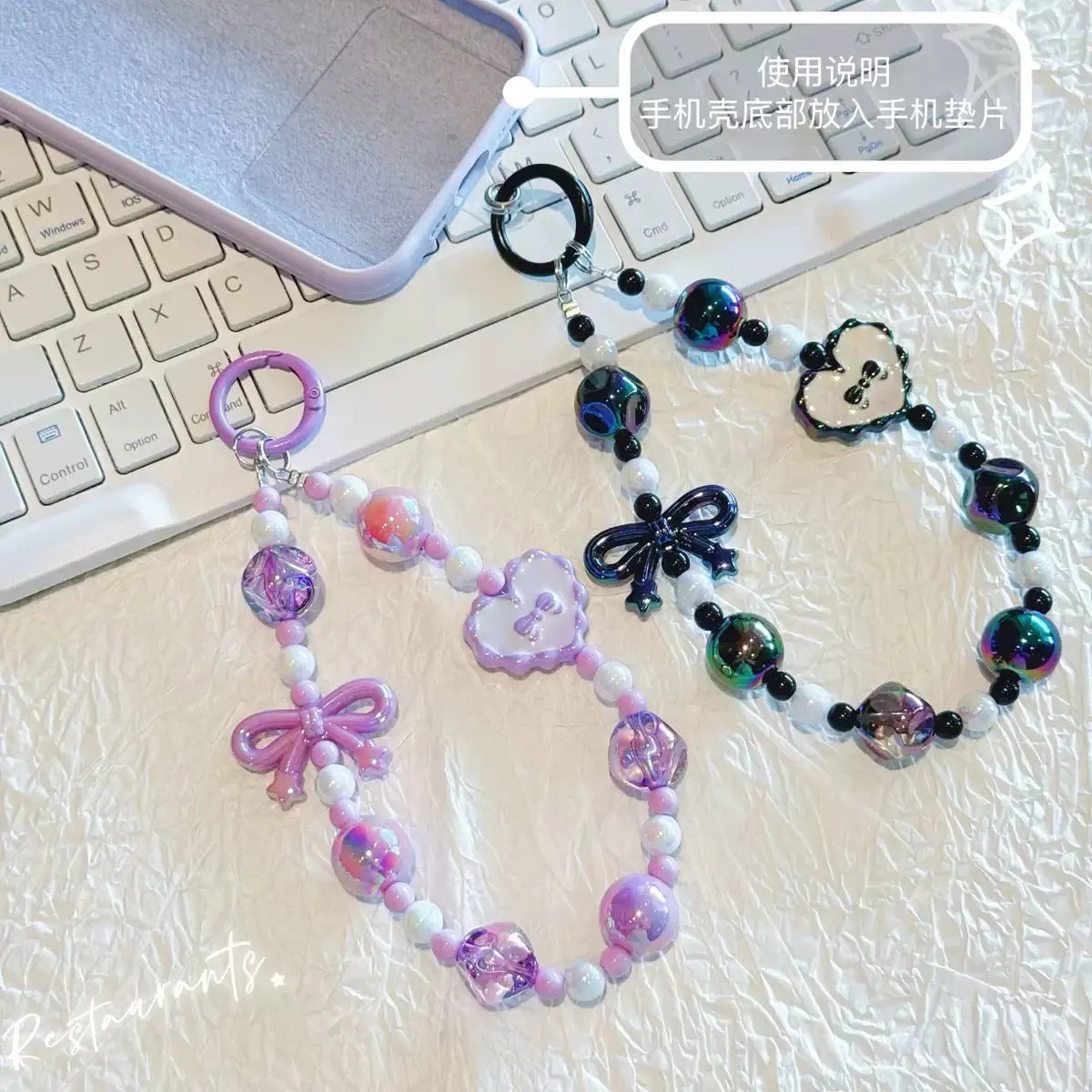Kawaii Beaded Phone Wrist Strap with Bow & Heart Charms