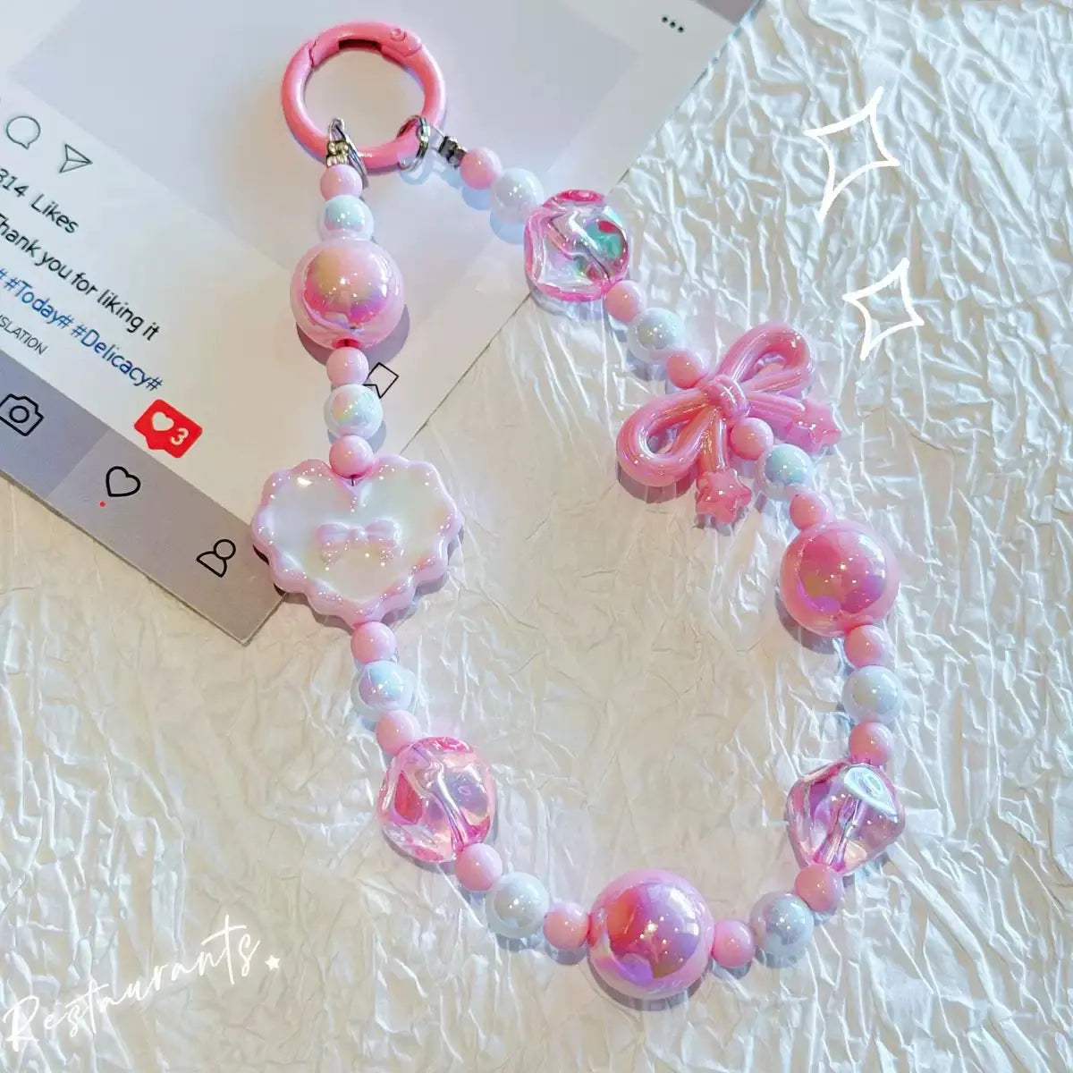 Kawaii Beaded Phone Wrist Strap with Bow & Heart Charms