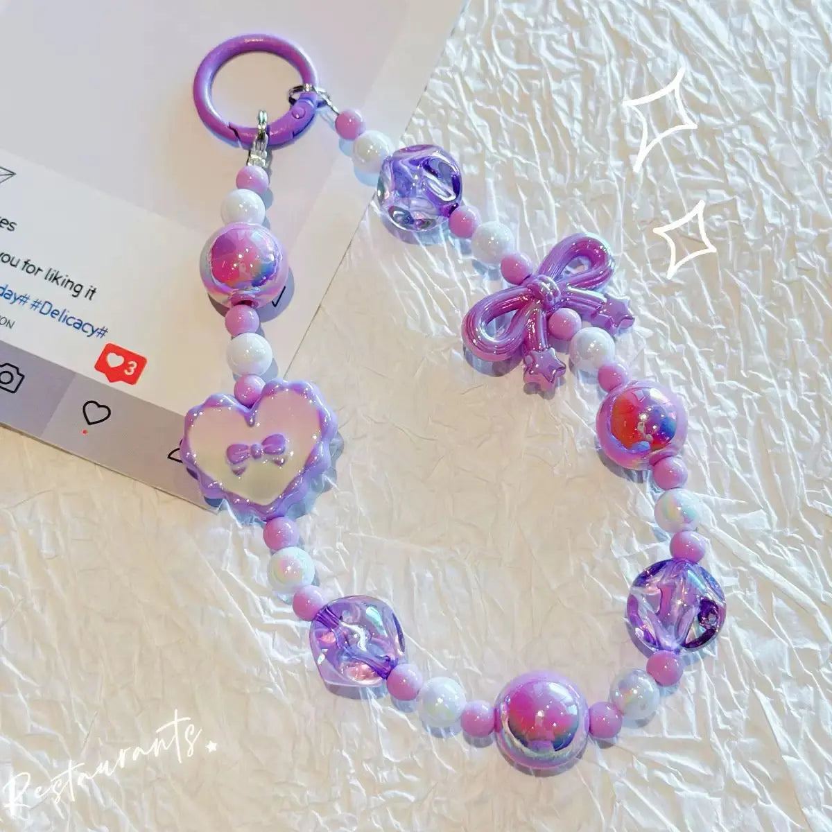 Kawaii Beaded Phone Wrist Strap with Bow & Heart Charms