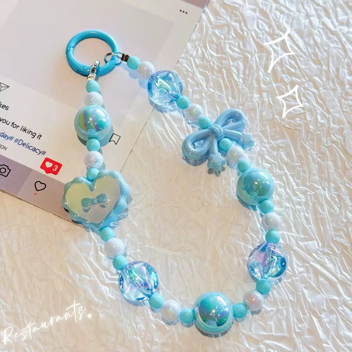Kawaii Beaded Phone Wrist Strap with Bow & Heart Charms