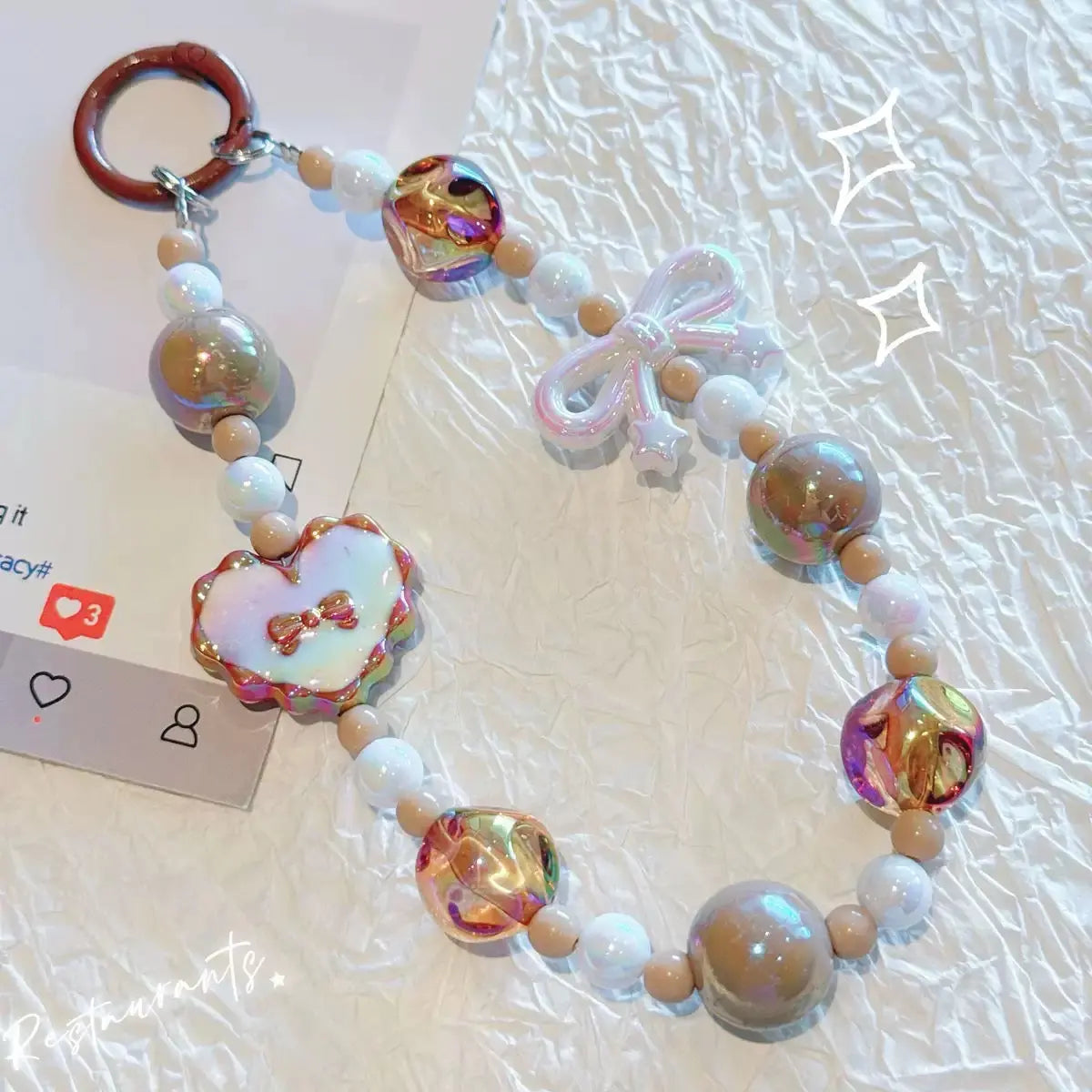 Kawaii Beaded Phone Wrist Strap with Bow & Heart Charms