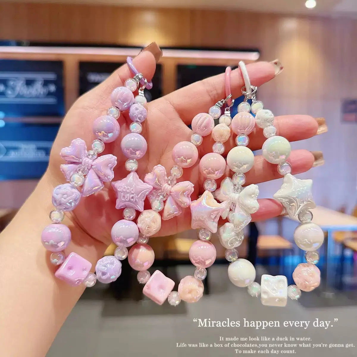 Kawaii Pearl Beaded Phone Wrist Strap with Bow & Star Charms