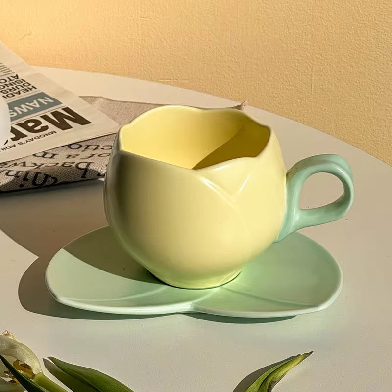 Ceramic Tulip Coffee Mug With Saucers