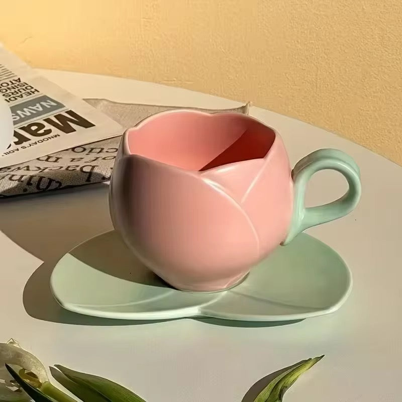 Ceramic Tulip Coffee Mug With Saucers