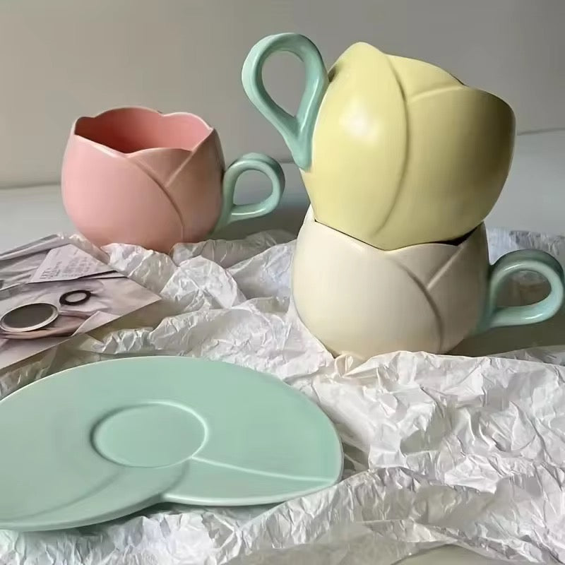 Ceramic Tulip Coffee Mug With Saucers