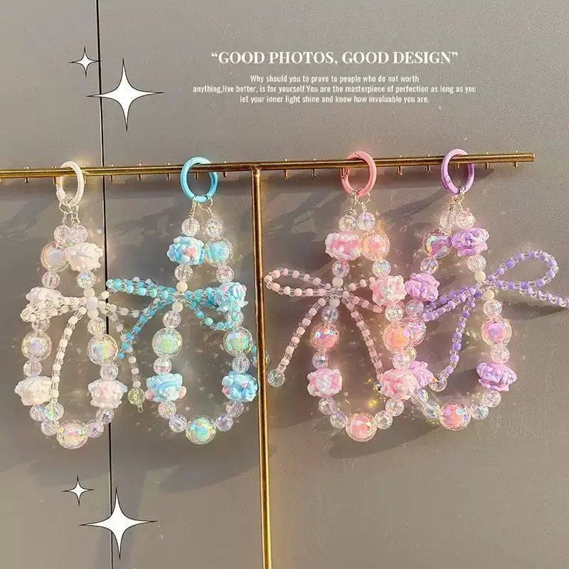 Kawaii Crystal Beaded Phone Wrist Strap with Big Bow Charm