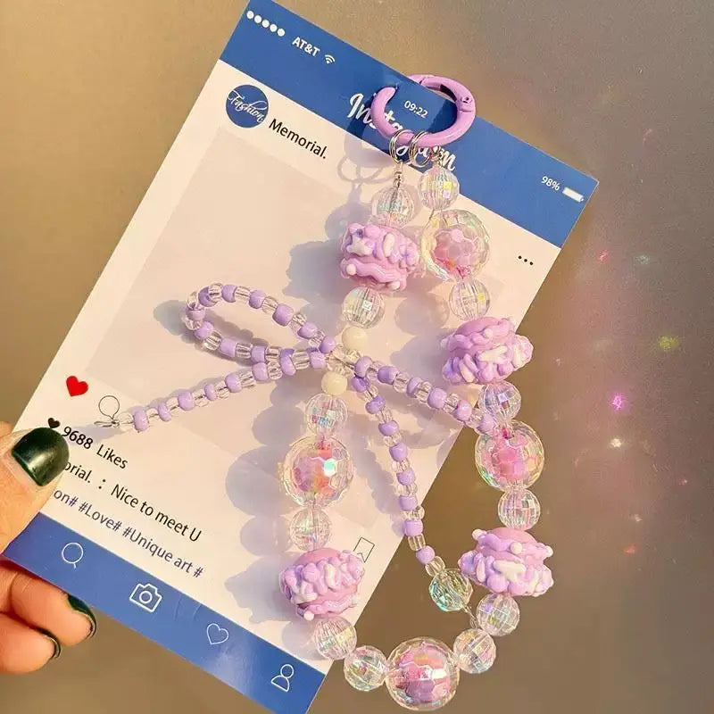 Kawaii Crystal Beaded Phone Wrist Strap with Big Bow Charm