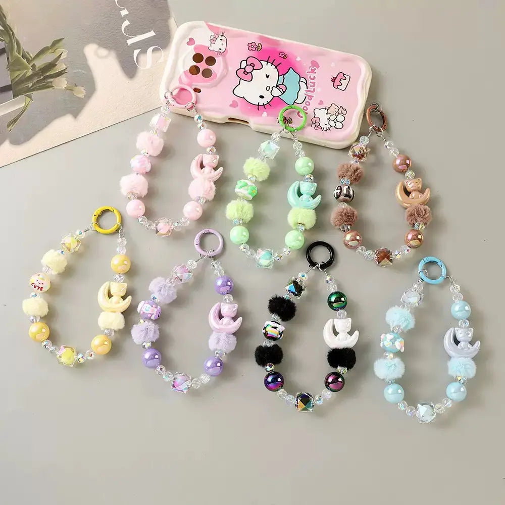 Kawaii Moon Cat Fluffy Beaded Phone Wrist Strap