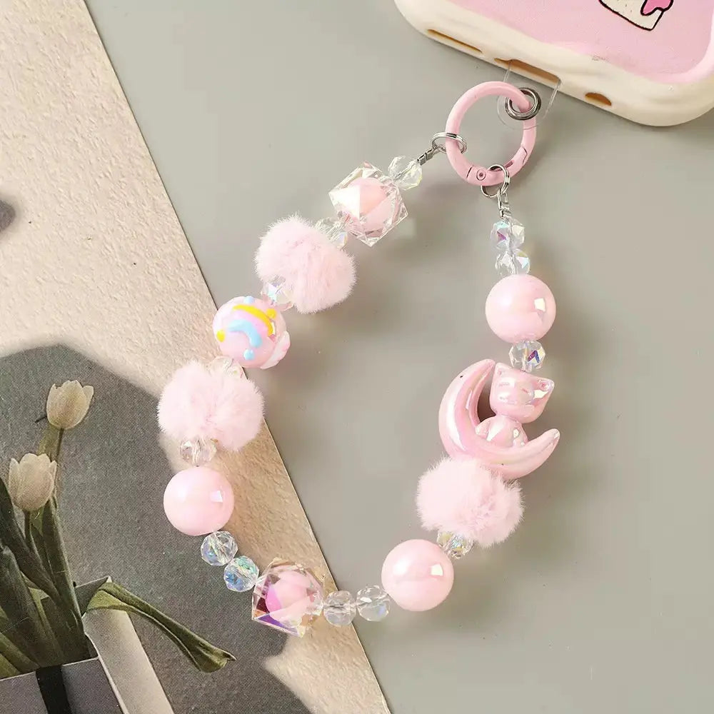 Kawaii Moon Cat Fluffy Beaded Phone Wrist Strap