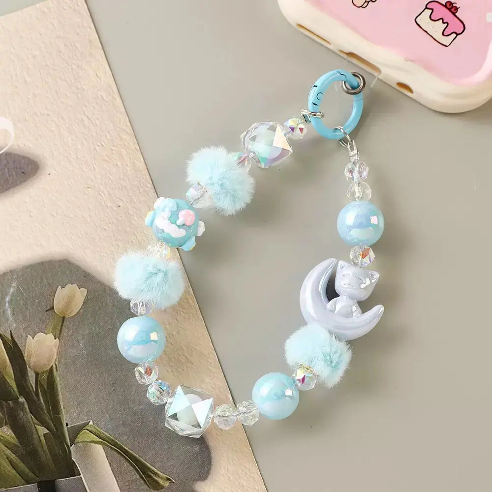 Kawaii Moon Cat Fluffy Beaded Phone Wrist Strap